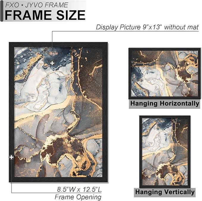 Engineered Wood 9x13 Picture Frame Set of 2, Black Frame for 9 x 13 Inch Picture Poster Photo, Light Weight 9 by 13 Frame with Wood-grain for Wall - 2 Pack/Black/9"x13"