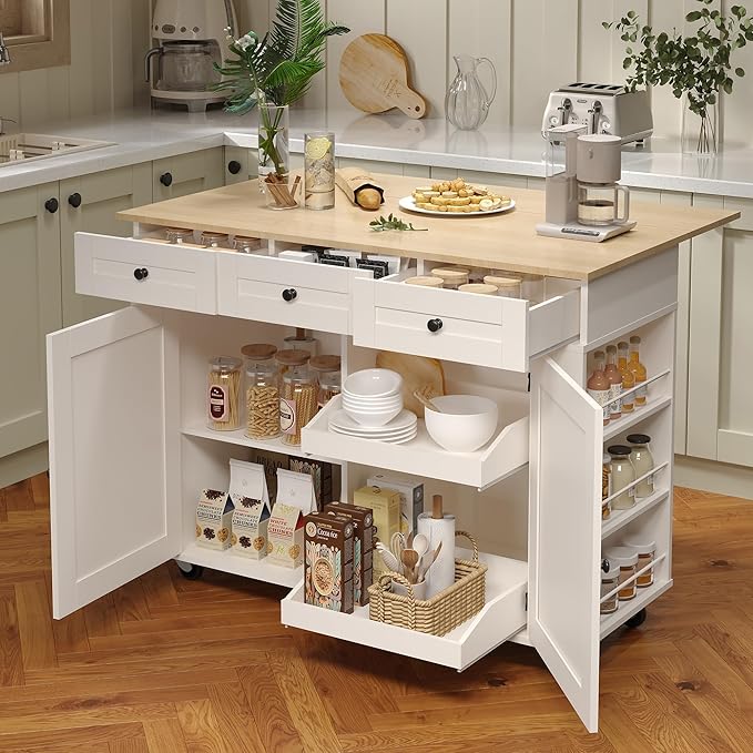 47.2 in Mobile Kitchen Island with Drop Leaf Countertop, Charging Station & Ample Storage, Rolling Kitchen Cart on Wheels with Pull-Out Shelves, Drawers, Spice Rack & Organizer Divider (White-1)