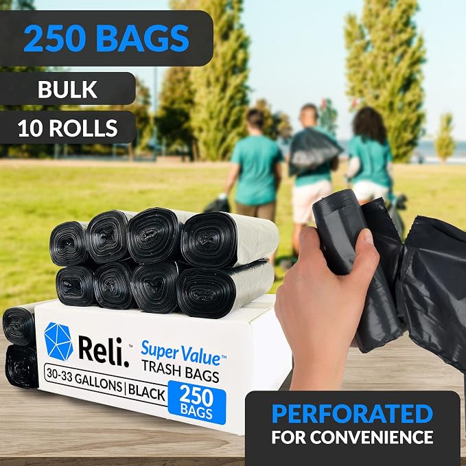 Reli. 30 to 33 Gallon Trash Bags Heavy Duty | 250 Trash Bags, Twist Ties | Black - Image 3