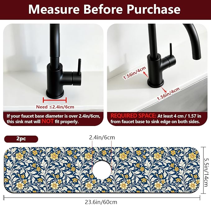 2Pcs Vintage Leaves Kitchen Sink Splash Guard Faucet Mat Scrolling Vines - Image 2