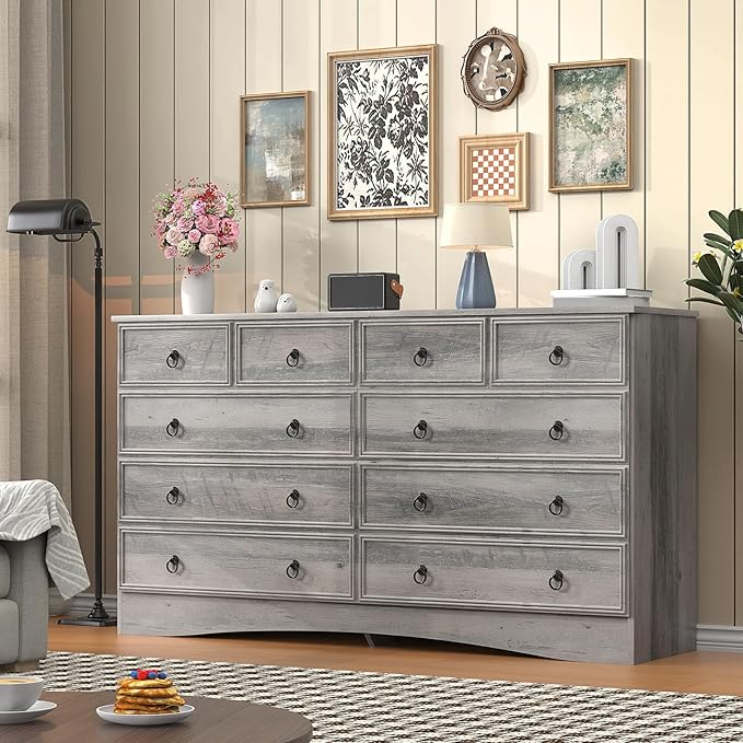 Grey Dresser for Bedroom with 10 Drawers, Large Chest of Drawers Storage Organizer, Long Dresser Storage TV Stand for Living Room, Bedroom, Hallway Taupe Grey