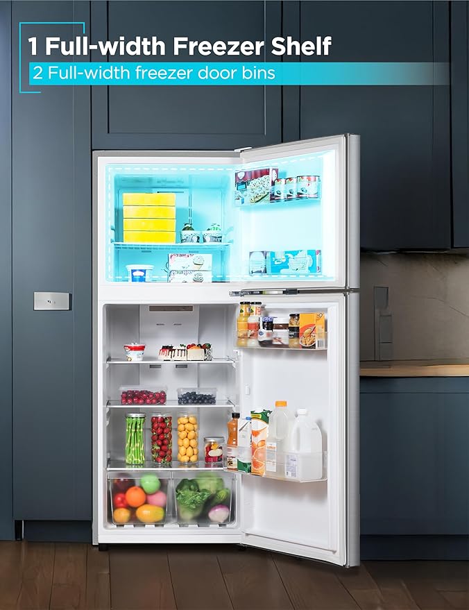 BLACK+DECKER 12.1 Cu. Ft. Top Mount Refrigerator with Freezer, 2 Door Refrigerator with Top Freezer and Adjustable Temperature Control, ENERGY STAR, BR1210HS, Stainless Steel Look
