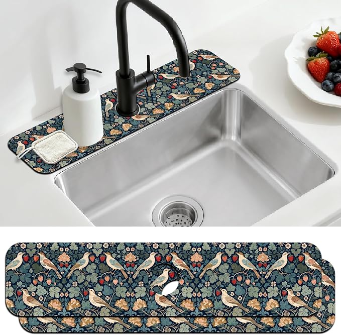 2 Pcs Kitchen Sink Splash Guard Faucet Mat Retro Strawberry Flowers Faucet Mats by CONCHLERY%E6%97%97%E8%88%B0%E5%BA%97