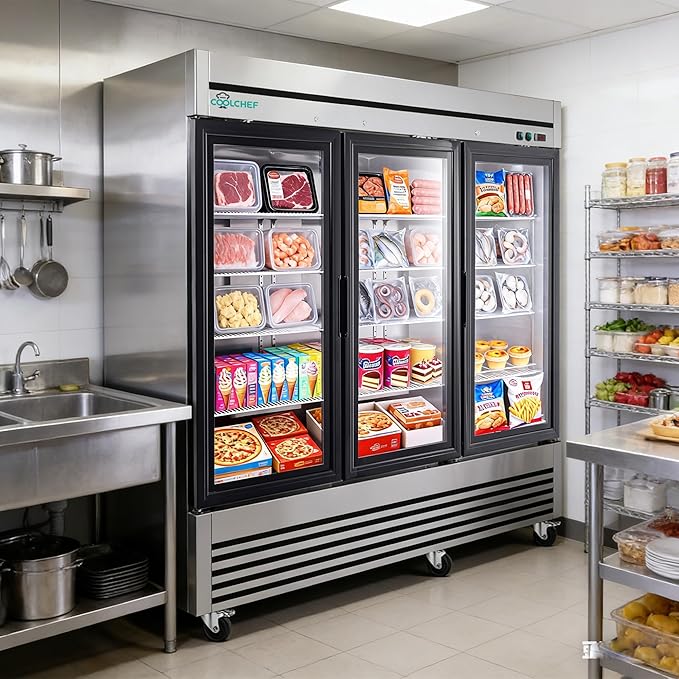 COOLCHEF 81"Commercial Glass Door Freezer, 72 Cu.Ft Triple-Door Reach-In Freezer, -8~0℉, Heated Triple Low-E Glass, 12 Shelves, R290