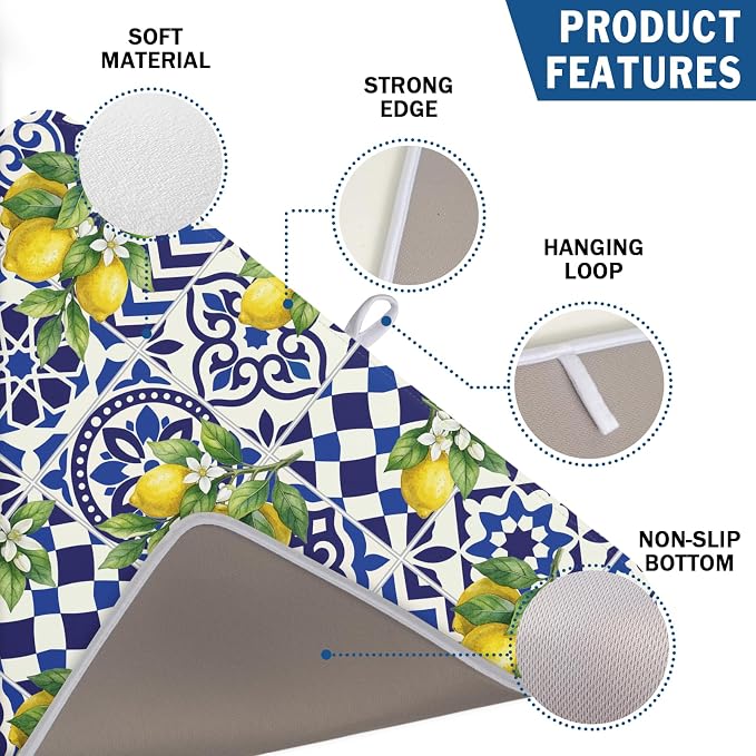 Lemon and Blue Tile Dish Drying Mat 18x24 Inch Absorbent Reversible Mexican - Image 3