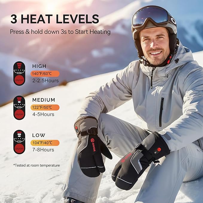 SAVIOR HEAT Heated Ski Mittens 3-Finger Gloves Electric Rechargeable Battery Mitts for Men Women Kids Winter Snowboard Motorcycle Skating Camping Hunting