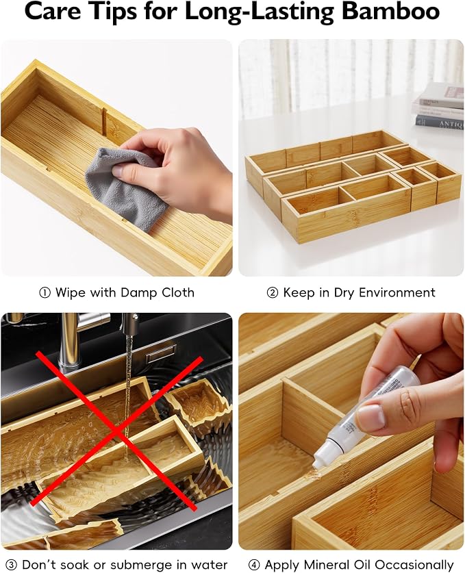 12-Piece Bamboo Drawer Organizer Set, 24 Compartments Modular Storage | Natural - Image 8