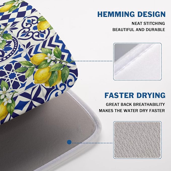 Lemon and Blue Tile Dish Drying Mat 18x24 Inch Absorbent Reversible Mexican - Image 4