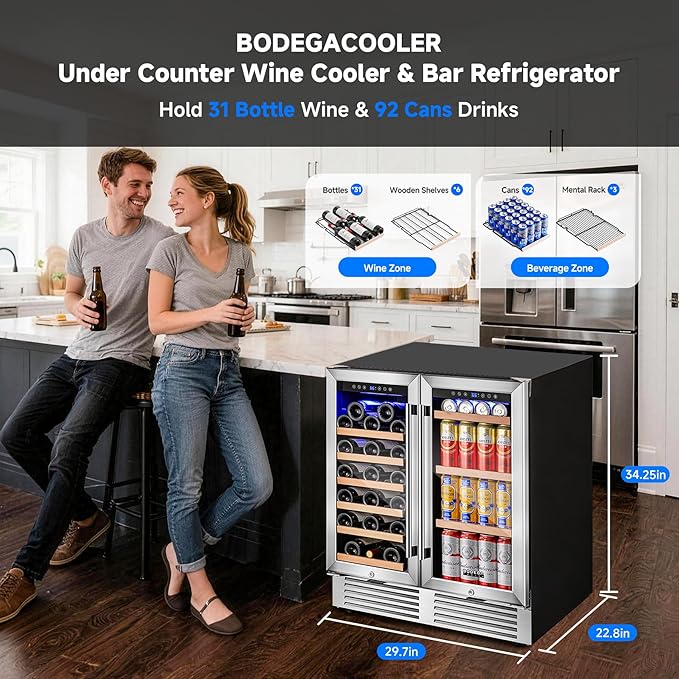 BODEGACOOLER Back Bar Cooler With 2 Glass Doors,30 Inch Wine and Beverage Refrigerator with Digital Touch,Counter Height Commercial Beverage Refrigerator, Beverage Cooler Holds 31 Bottles and 92 Cans.
