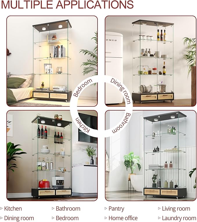 Yoluckea 4 Tier Glass Display Cabinet with LED Lighting and 2 Drawers, 2 Doors Floor Standing Curio Cabinet with Wheel for Home, Office, Corner Display, Black Glass Bookshelf for Collections and Decor