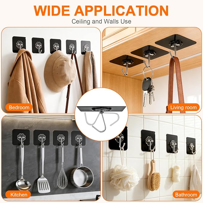 DDMY Black Adhesive Wall Hook for Hanging Heavy Duty Sticky Hooks 24 Pack | - Image 3