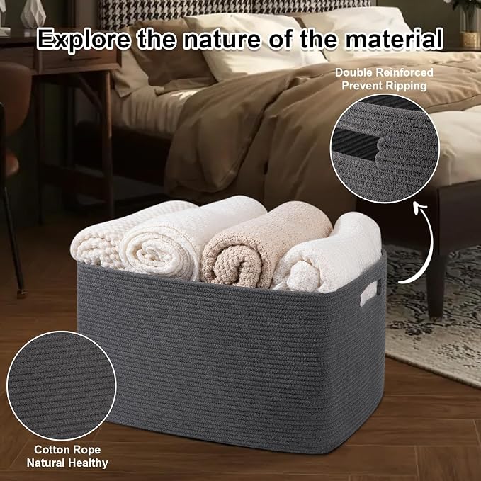 OIAHOMY 75L Large Blanket Basket Woven Rope Storage Basket Dark Grey - Image 4