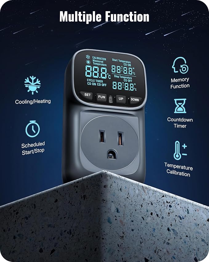 Digital Temperature Controller Outlet, 15A/1800W Heavy Duty Thermostat Plug, VA LCD Display, Heating/Cooling Control, -40°F~210°F, 4 Timer Modes, for Greenhouse Incubator Homebrew B01TC06