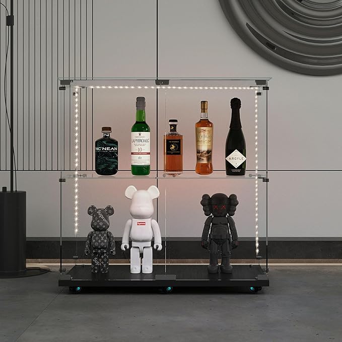 Yoluckea 2 Tiers Glass Display Cabinet with Bluetooth LED Light Strip, 2 Doors Floor Standing Curio Cabinet with Universal Wheel for Home, Black Glass Bookshelf for Collections, Clear Top