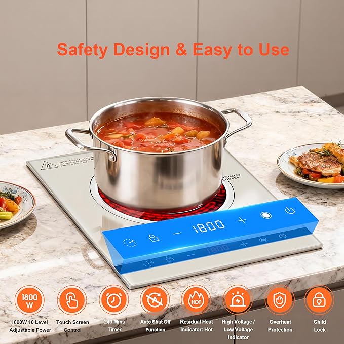 Dual Coils Design of Single Burner Electric Cooktop, 1800W Infrared Ceramic Hot Plate for Cooking, Portable Countertop or Built-in Radiant Stove Top Cooker, Compatible with All Cookware