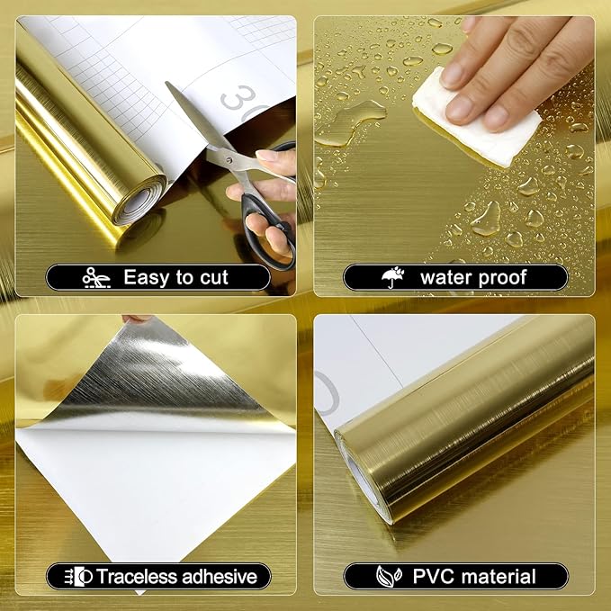 Gold Metallic Contact Paper Peel and Stick Countertop Contact Paper Self-Adhesive Waterproof DIY Decor Wallpaper for Shelf Liner Fridge and Cabinets 11.8"x80"