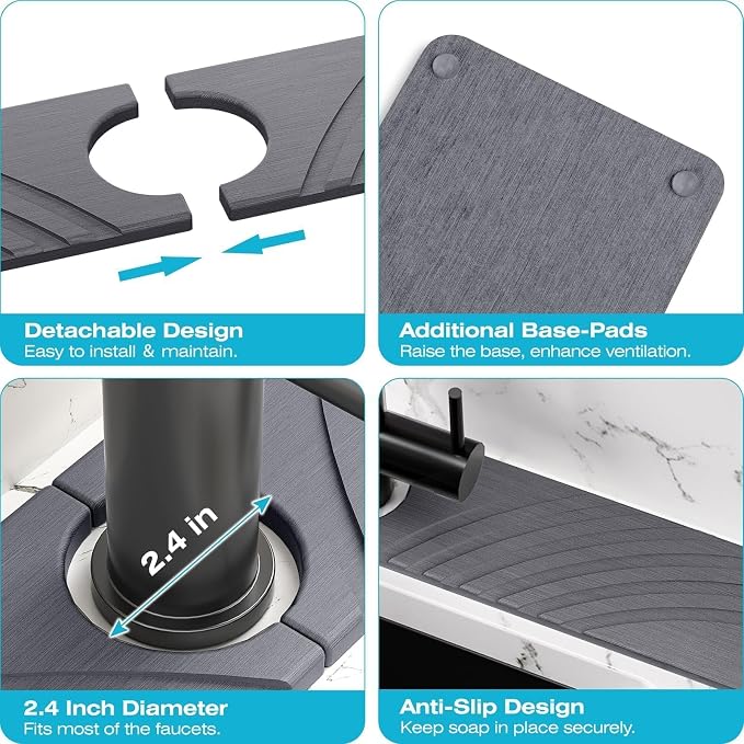 SpaceHacks Stone Faucet Mat for Kitchen Sink 23.7x4 in, Dark Gray | Fast Drying - Image 5
