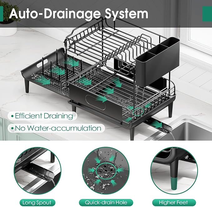 Dish Drying Rack for Kitchen Counter, Expandable 2 Tier Dish Rack, Large Capacity Dish Drainer with Drainboard Multifunctional Dish Strainer with Removable Cutlery Holder Black
