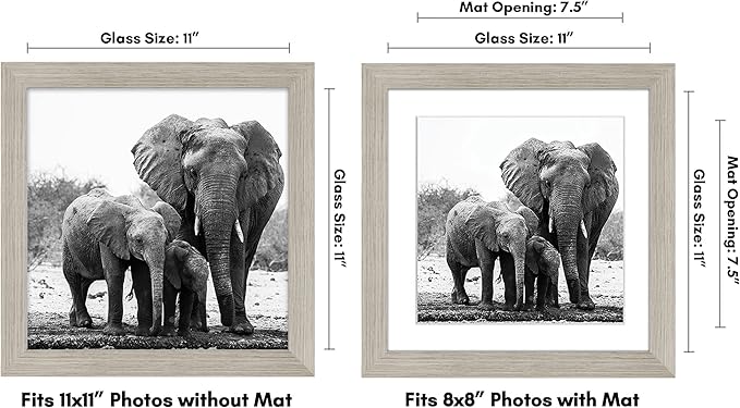 Americanflat 11x11 Picture Frame with Shatter-Resistant Glass - Use as 8x8 Frame with Mat or Display 11x11 Photo Without Mat - Signature Collection - Square Frames for Wall Display - Driftwood
