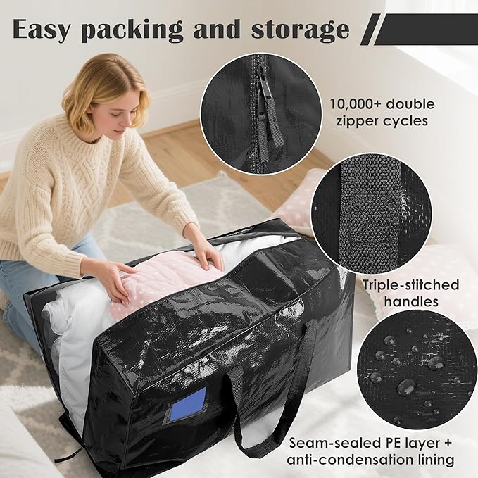 6 Pack Moving Bags with Full-Open Side Zipper, Extra Large 93L Heavy Duty - Image 3