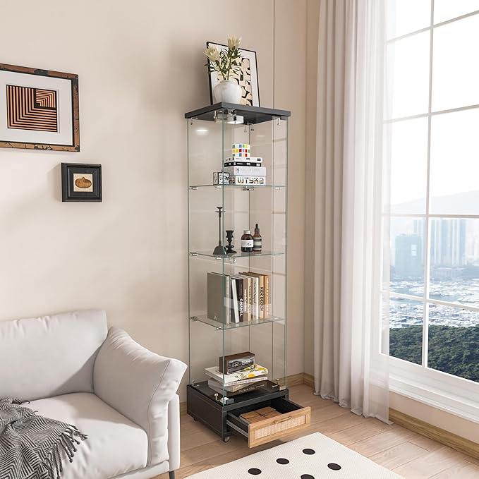 Yoluckea 4 Tiers Glass Display Cabinet with LED Lighting and Drawer, 1 Door Floor Standing Curio Cabinet with Wheel for Home, Office, Corner Display, Black Glass Bookshelf for Collections and Decor