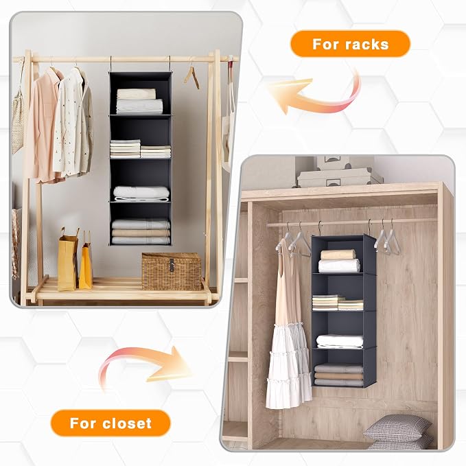 Hanging Closet Organizer 4-Shelf, Oxford Fabric Wardrobe Storage, Dark Grey | - Image 5