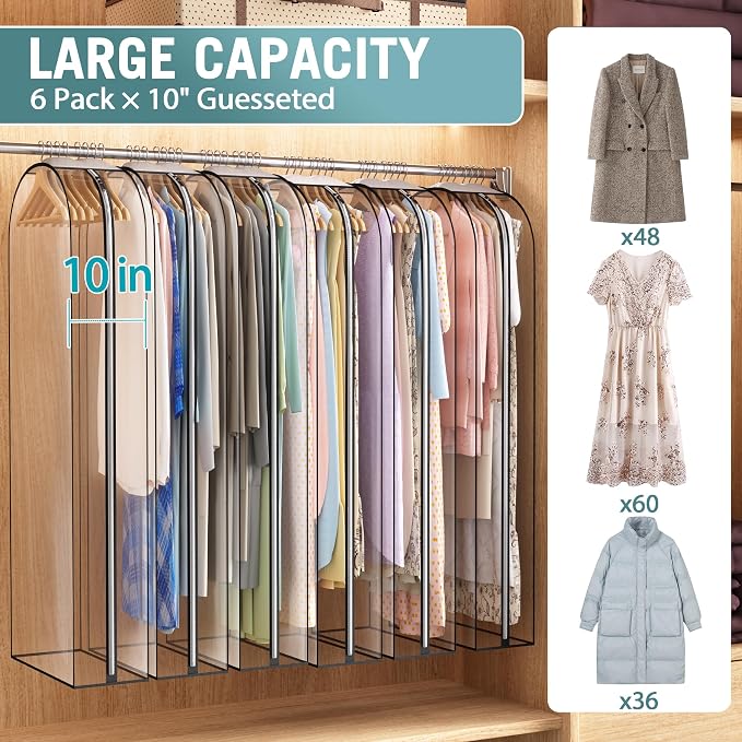 Liuoud Clear Garment Bags for Hanging Clothes 10” Gusseted, 6 Pack, 60” | Suit - Image 2