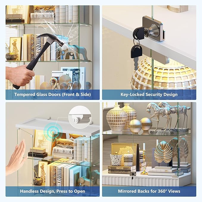 RGB Glass Display Cabinet with Lights, Modern Curio Cabinet Display Cases for Collectibles, Locking Showcase Cabinet with 5-Tier Shelves, Tall Bookcase w/ Human Body Sensor for Living Room (White)