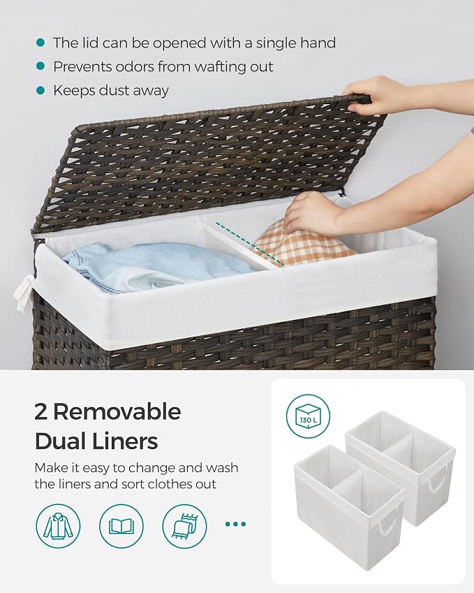 SONGMICS Laundry Hamper with Lid, 130L Double Wicker Basket, 6 Mesh Bags - Image 3