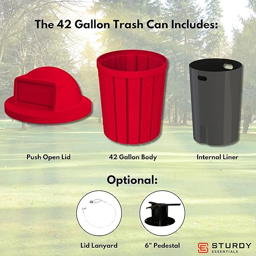 Campus Collection 42 Gallon Slatted Round Heavy Duty Plastic Commercial Outdoor Trash Can with Push Open Dome Lid and Internal Liner | Great for Schools and Businesses - Red