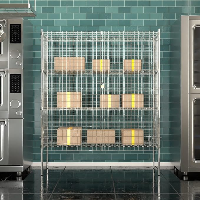 Commercial Grade NSF Listed Metal Wire Mesh Storage Chrome Security Cage Kit, 24" x 60" x 74", Perfect for Warehouse, Grocery Store, Restaurant, Dishroom