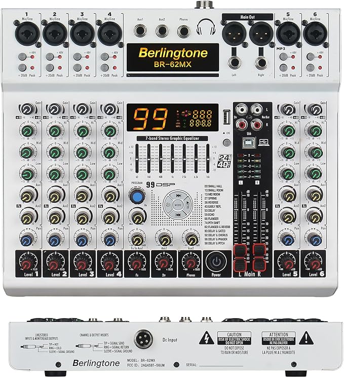 -Berlingtone 6/8 Channel Professional Audio Mixer Sound Board Console Desk, Bluetooth connection, System Interface, USB MP3, 48V Phantom Power, 99Bit DSP Processor, Computer Input,7 band EQ (BR062MX)