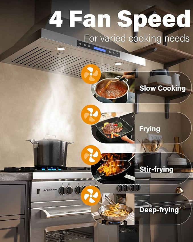 36 inch Stainless Steel Wall Mount Range Hood - 900 CFM, Ultra-Quiet 4-Speed Vent, Touch/Remote Control LCD, LED Lights, Ducted/Ductless Convertible