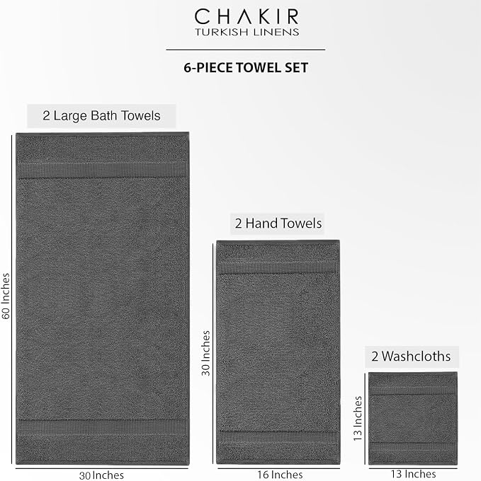 Chakir Turkish Linens 100% Cotton 6-Piece Towel Set, Dark Gray | Premium Cotton - Image 5