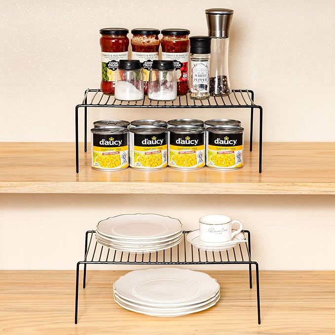 Redrubbit 6 Pack Large (15.7 x 9.4 Inch) Cabinet Storage Shelf Rack, Rustproof Kitchen Counter and Cabinet Shelf, Storage Rack Organizer for Kitchen, Fridge, Bathroom, Black