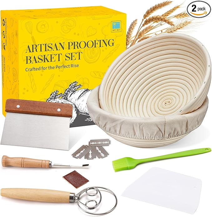 Banneton Proofing Basket for Sourdough Bread, Handmade & Natural Rattan - Round Dough Rising Basket for Baking - Perfect for Artisan Breads (Round of 2 Gift Set)