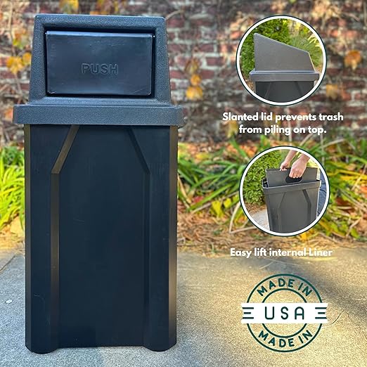 32 Gallon Square 100% Recycled Plastic Heavy Duty Indoor or Outdoor Commercial Trash Can with Push Lid | Great for Schools and Businesses - Black