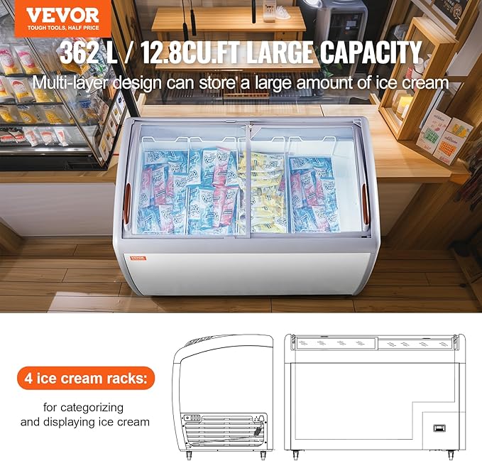 VEVOR Commercial Ice Cream Display Case, 12.8 Cu.ft Chest Freezer, Mobile Glass Top Deep Freezer, Restaurant Gelato Dipping Cabinet with 4 Wire Baskets, 2 Sliding Glass Doosr, Locking Casters, White