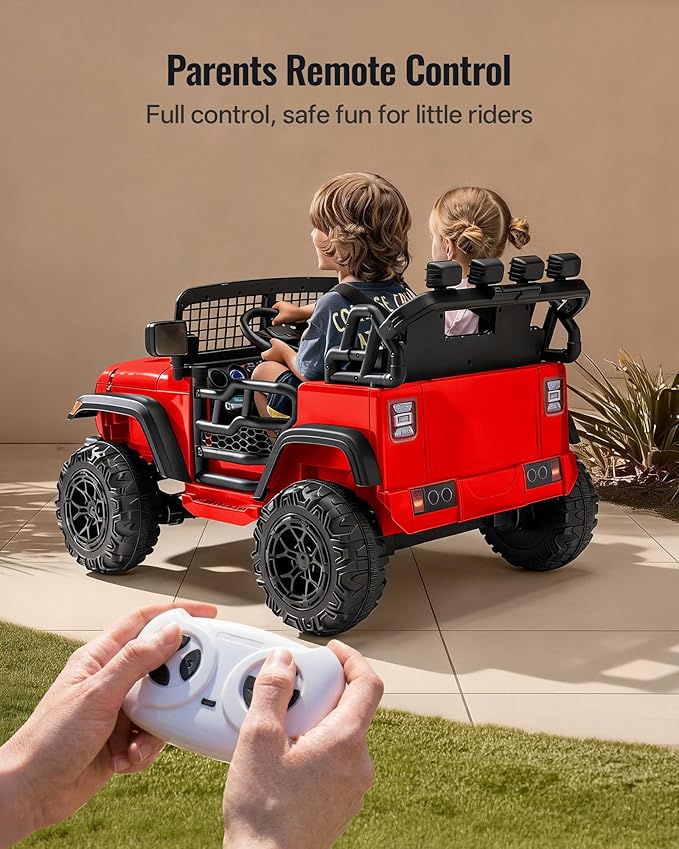 2 Seater Ride on Car Toy, 12V Electric Car for Kids 4-8 with Remote Control, Capacity 110 lb, LED Light - Red