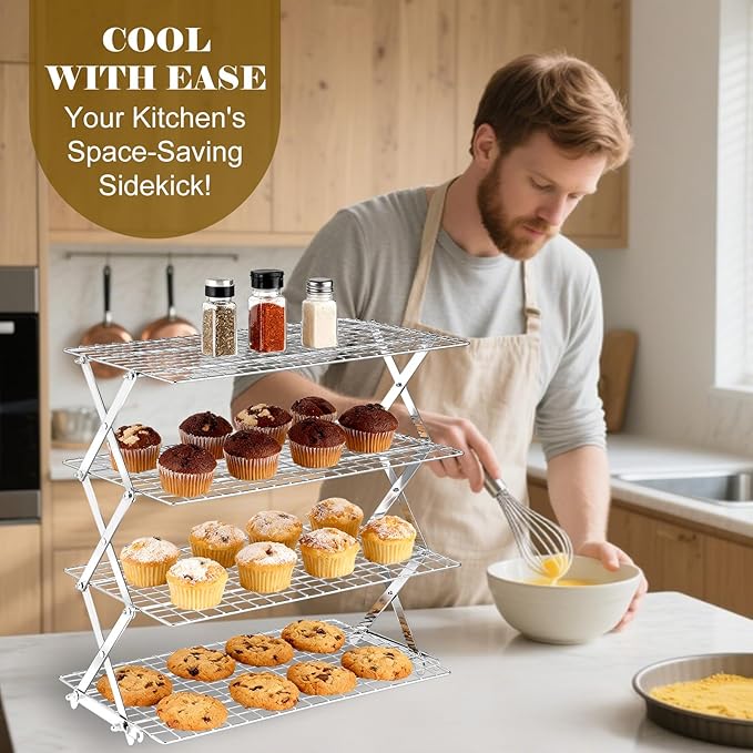 BEWOS 4 Tier Collapsible Cooling Rack - Adjustable Stainless Steel Baking Rack with Leak-Proof Mesh, X-Shaped Structure Cooling Rack for Cooking and Baking, Dishwasher Safe