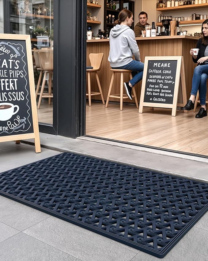 DEXI Front Door Mat Outside Entrance Rubber 24x36, Welcome Floor Doormat Heavy Duty Non Slip, Dirt Trapper Waterproof Exterior Entry Mats All Weather for Patio Entryway Drainage, Blue