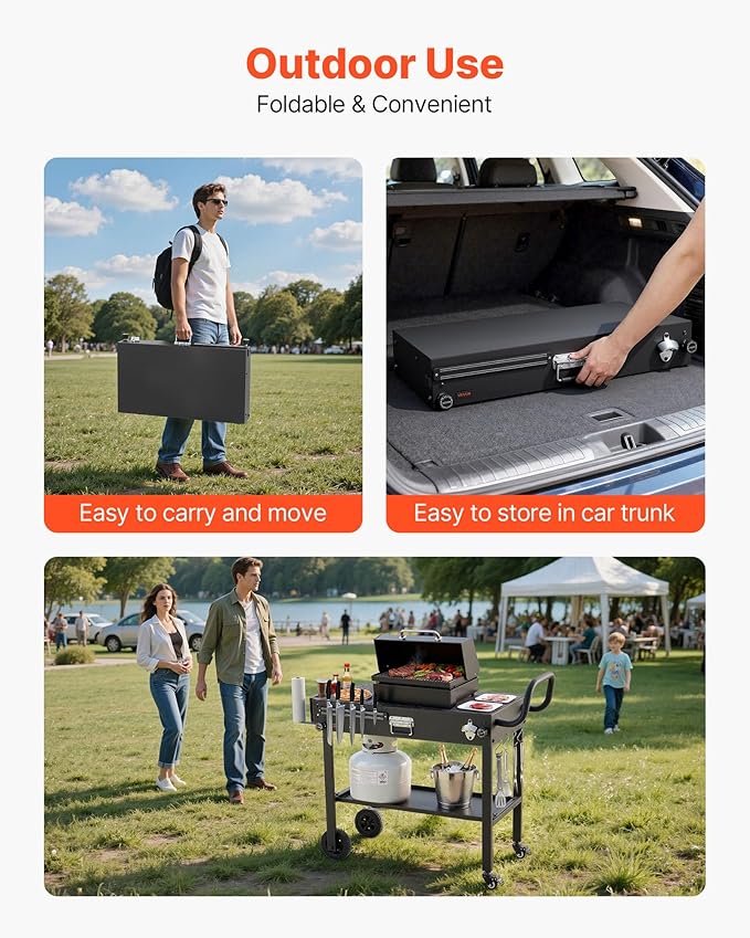 VEVOR Outdoor Grill Cart, 31.0 x 17.0 inch Tabletop Size Grilling Table, Foldable Outdoor Cooking Table with Tissue Holder, Wheels, Magnetic Tool Rack, BBQ Prep Tables for Picnic, Kitchen, Courtyard