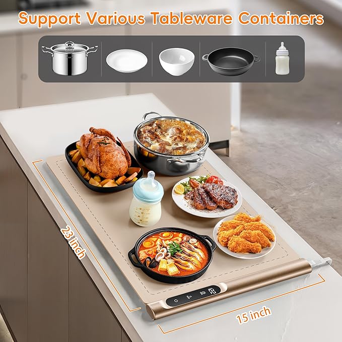 Graphene Food Warming Mat - Rapid Heating with 6 Temp & Timer, Portable Electric Warming Tray for Party Buffet Countertop, Family Meals, Beige