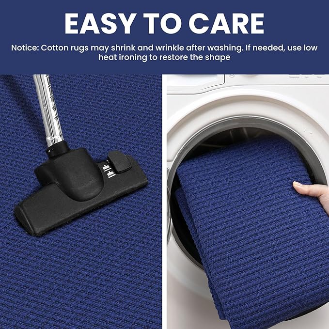 IOHOUZE Washable Runner Rug 3x12 Non Slip Rubber Backed Extra Long Hallway Runner Entryway Runner Indoor, Kitchen Rugs Woven Cotton Floor Carpet for Hall Entrance, Royal Blue/Navy