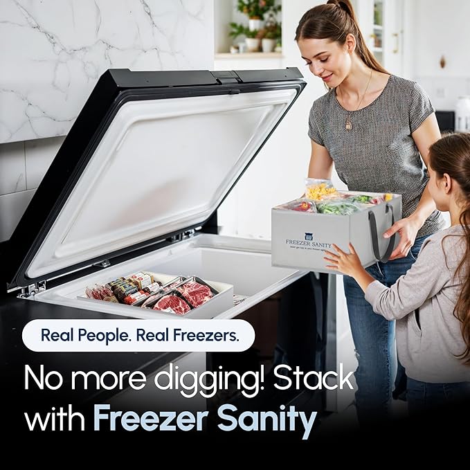 The Original Chest Freezer Organizer Bins, Stackable Storage Organizers, Deep Freezer Dividers, Handles, Heavy-Duty, Water-Proo (4 Pack Large 19x14x9)