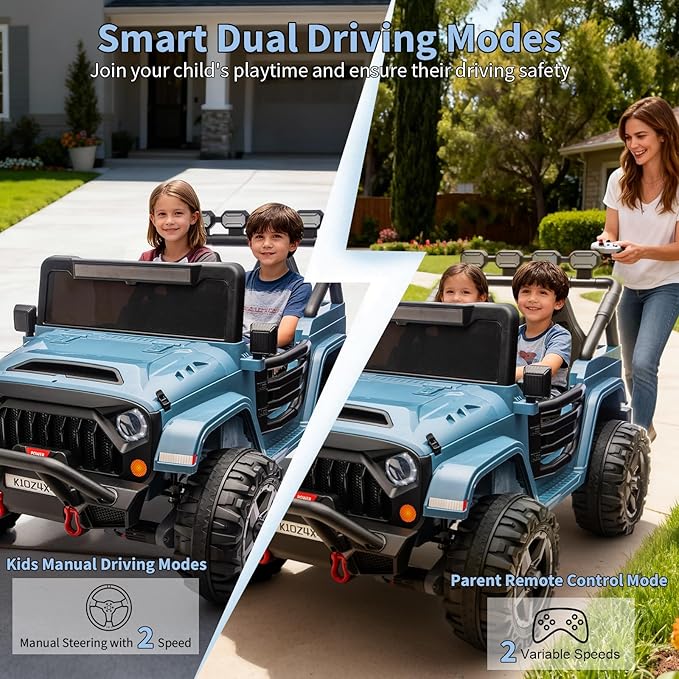 2 Seater Ride on Car Toy for Kids, 24V 4x4 Ride-on Truck, w/Parent Control, Soft Start, 3 Speed, 4-Wheeler Suspension, Bluetooth, LED Lights, Electric Car for Kids Toddler Ages 3-8, Blue