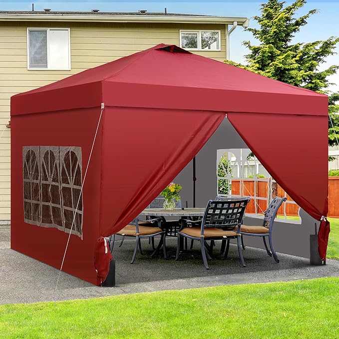 Saemoza 12x12 Pop Up Canopy Tent with One Push Setup, Portable Sun Shade Tent, Instant Easy Up Canopy with 4-Sidewalls & Wheeled Bag, Outdoor Fldable Gazebo with Vent Top, Red.