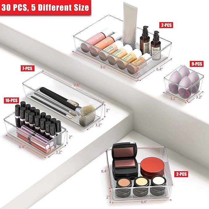 Simple Houseware 30 PCS Clear Plastic Drawer Organizers Set, 5-Size | - Image 2