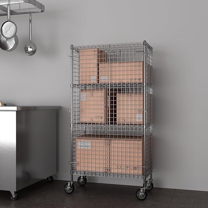 18" W x 36" L x 69" H Heavy Duty Utility Commercial Grade Metal Storage NSF Unit | Chrome Mobile Security Wire Cage Kit