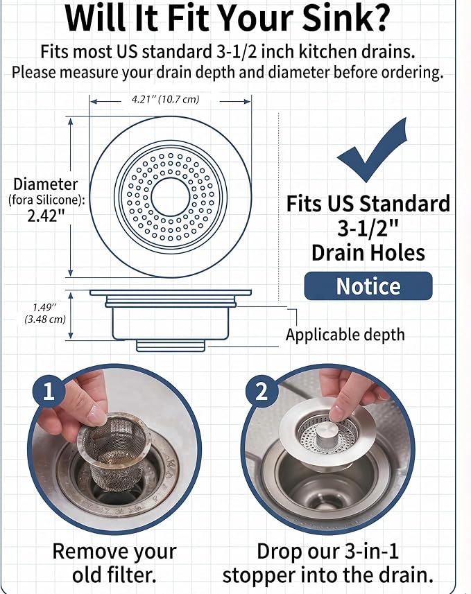 304 Stainless Steel Kitchen Sink Drain Strainer, 3-1/2" Fit - Image 8